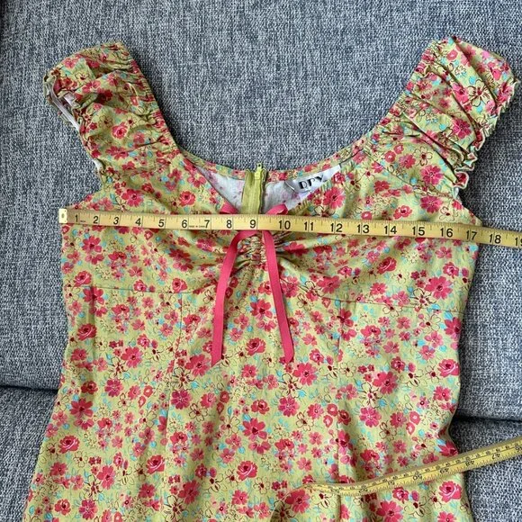 VTG D.B.Y. Mini Dress Yellow Pink Floral Ruffle Bow Accent Size 13/14 - Picture 3 of 8